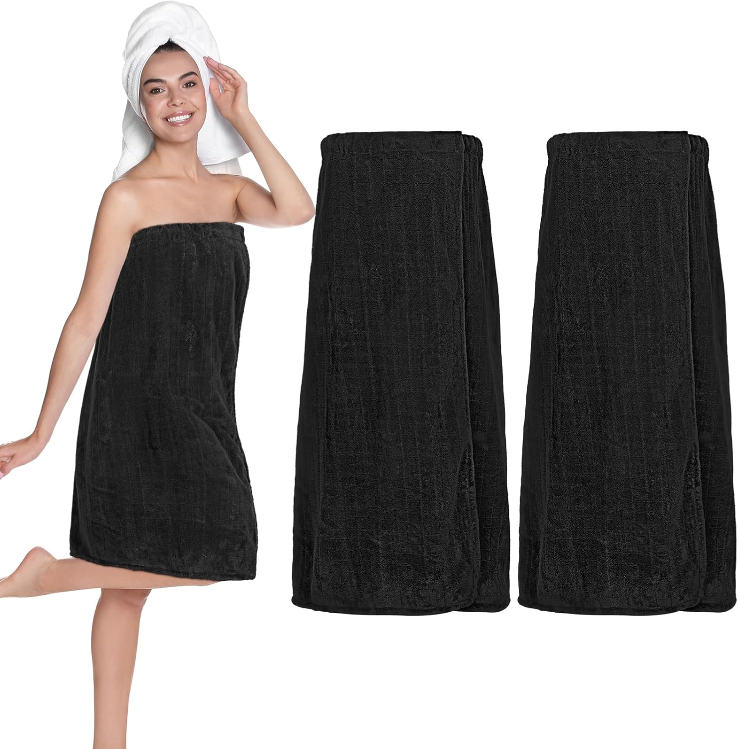 Tigeen 2 Pcs Towel Wrap for Women Lightweight Spa Robe with Adjustable Closure Elastic Top Soft Bathrobe Spa Wrap (Black,Square)