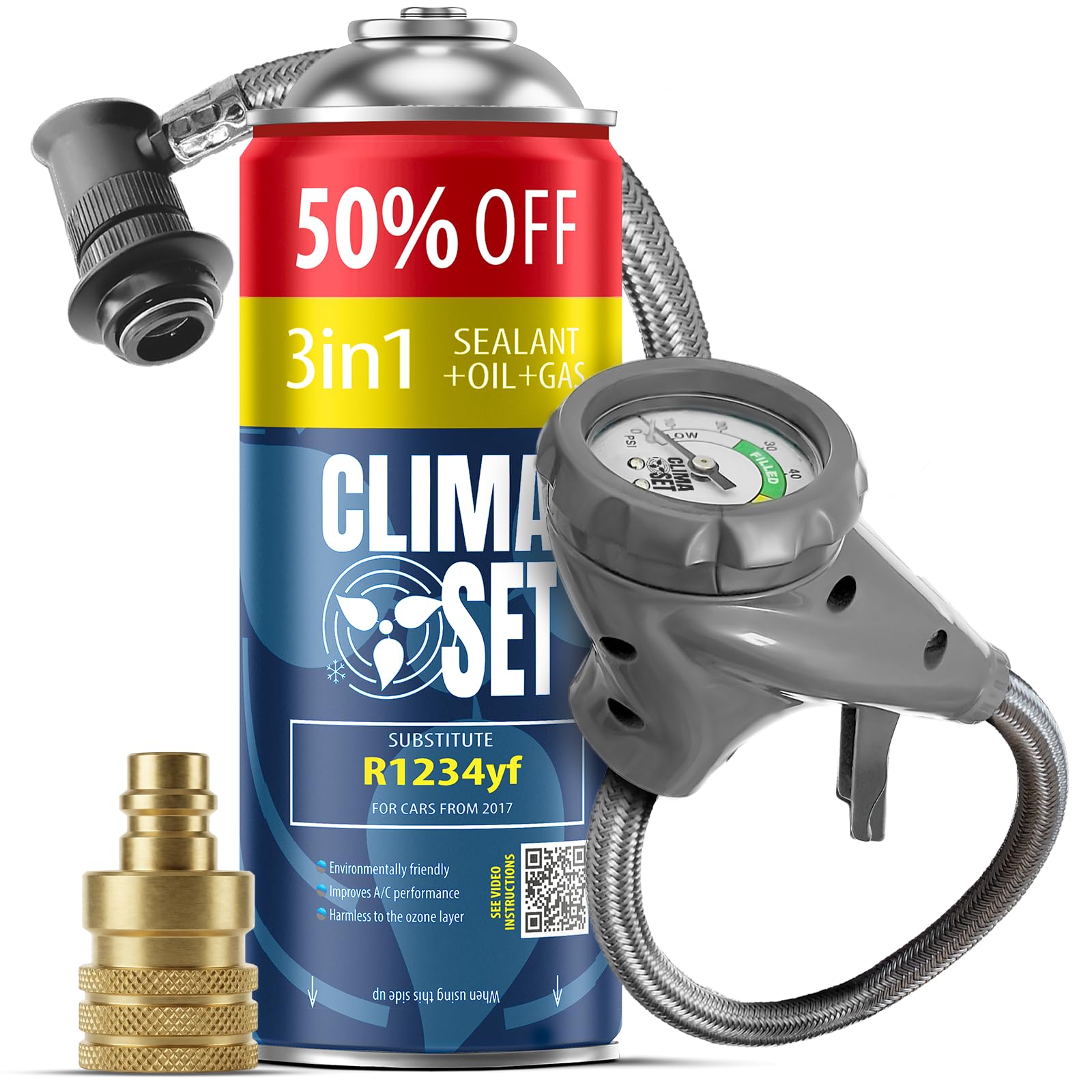 CLIMASET - Automotive AC Recharge Kit - 3in1 R1234yf + hose + YF adapter - For Vehicles After 2016, Featuring a Modern Ergonomic Hose with Pressure Gauge