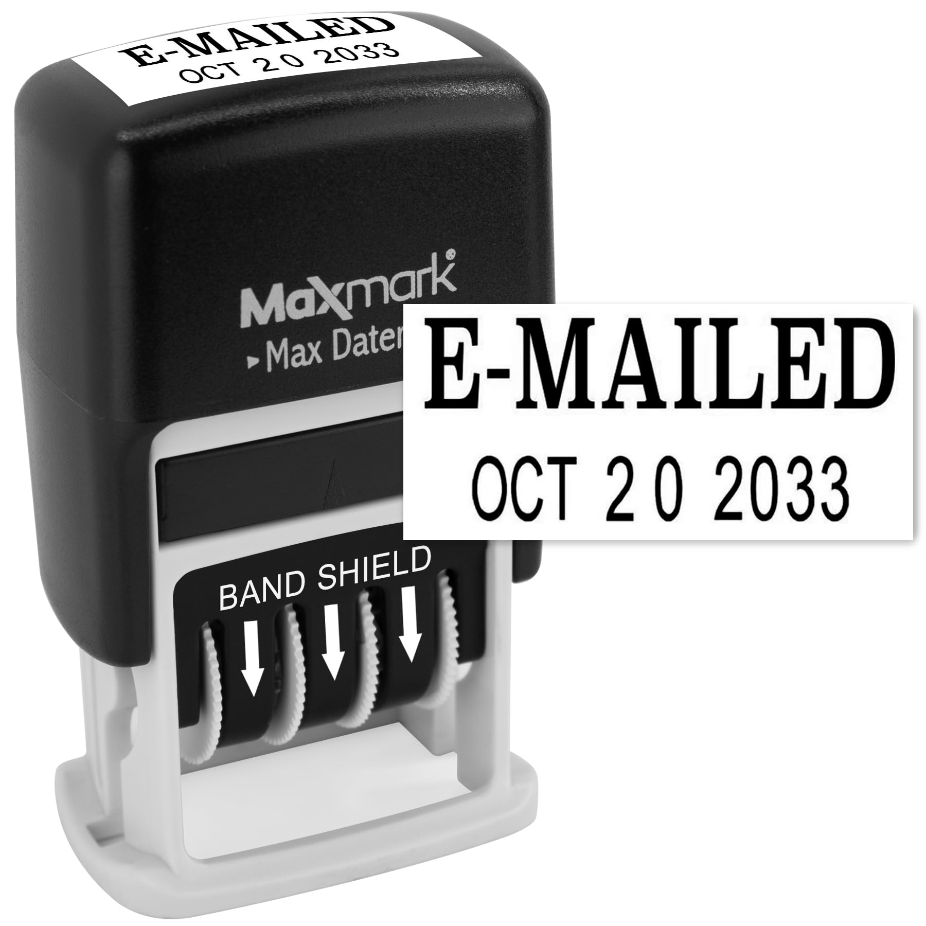 MaxMark Self-Inking Rubber Date Office Stamp with E-MAILED Phrase & Date - Black Ink (Max Dater II), 12-Year Band