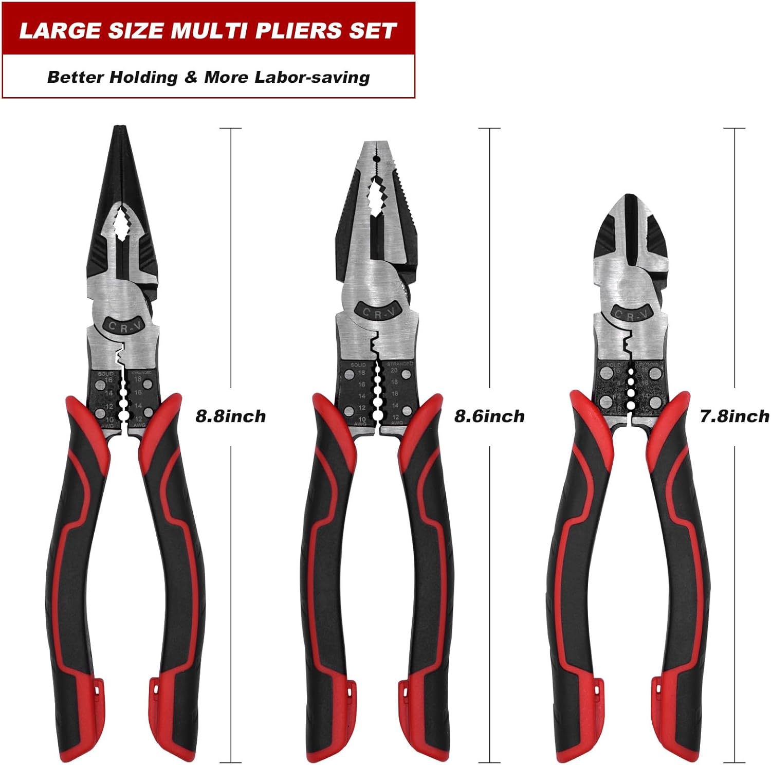 TOOLEAGUE 3Pcs Heavy Duty Pliers Set, 5 in 1 Linesman/Diagonal Side Cutting/Needle Nose Pliers with Wire Stripper,Crimper and Cutter Function