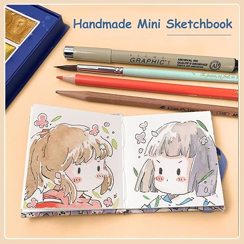 Miniatura 3 de 2 mini cuadernos de bocetos de acuarela, cubierta de tela cuadrada portátil de 2.4 x 2.4 pulgadas, 20 hojas de papel de dibujo texturizado de 10.58