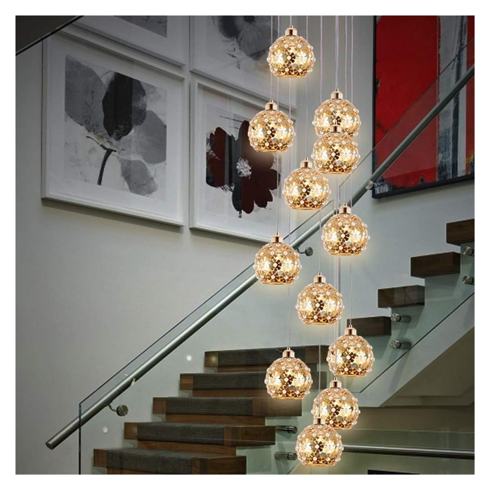 PCXEHUYP Modern Multi Balls Chandelier for High Ceiling Living Room Loft Hotel Villa Golden Metal Crystal Pendant Light with Hollow Design Ideal Staircases and Stairwells