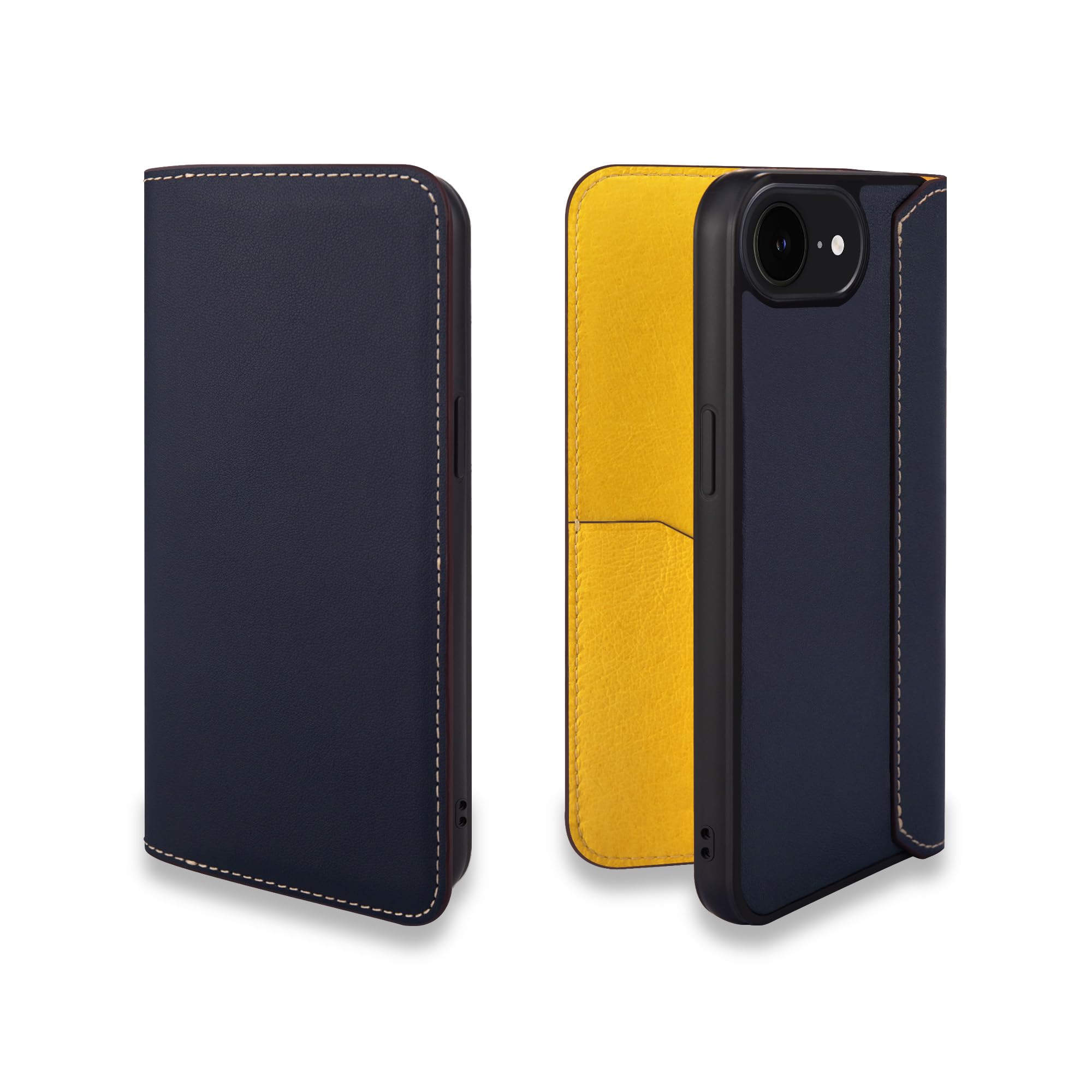 COGURE スマホケース iPhone16e用 手帳型 ケース ダイアリーケース 本革 スムースレザー カード入れ ABS&TPU衝撃保護ケース 耐衝撃 磁石なし ギフトボックス付き COGHH ネイビー
