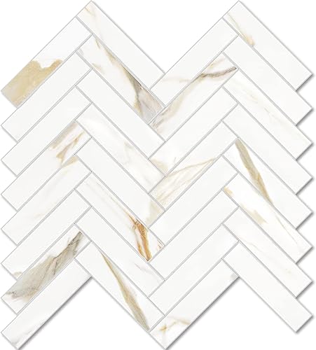 Vamos Tile Azulejo de salpicaduras de espiga para despegar y pegar, 10 hojas de azulejos autoadhesivos de PVC dorado Calacatta para cocina, baño y