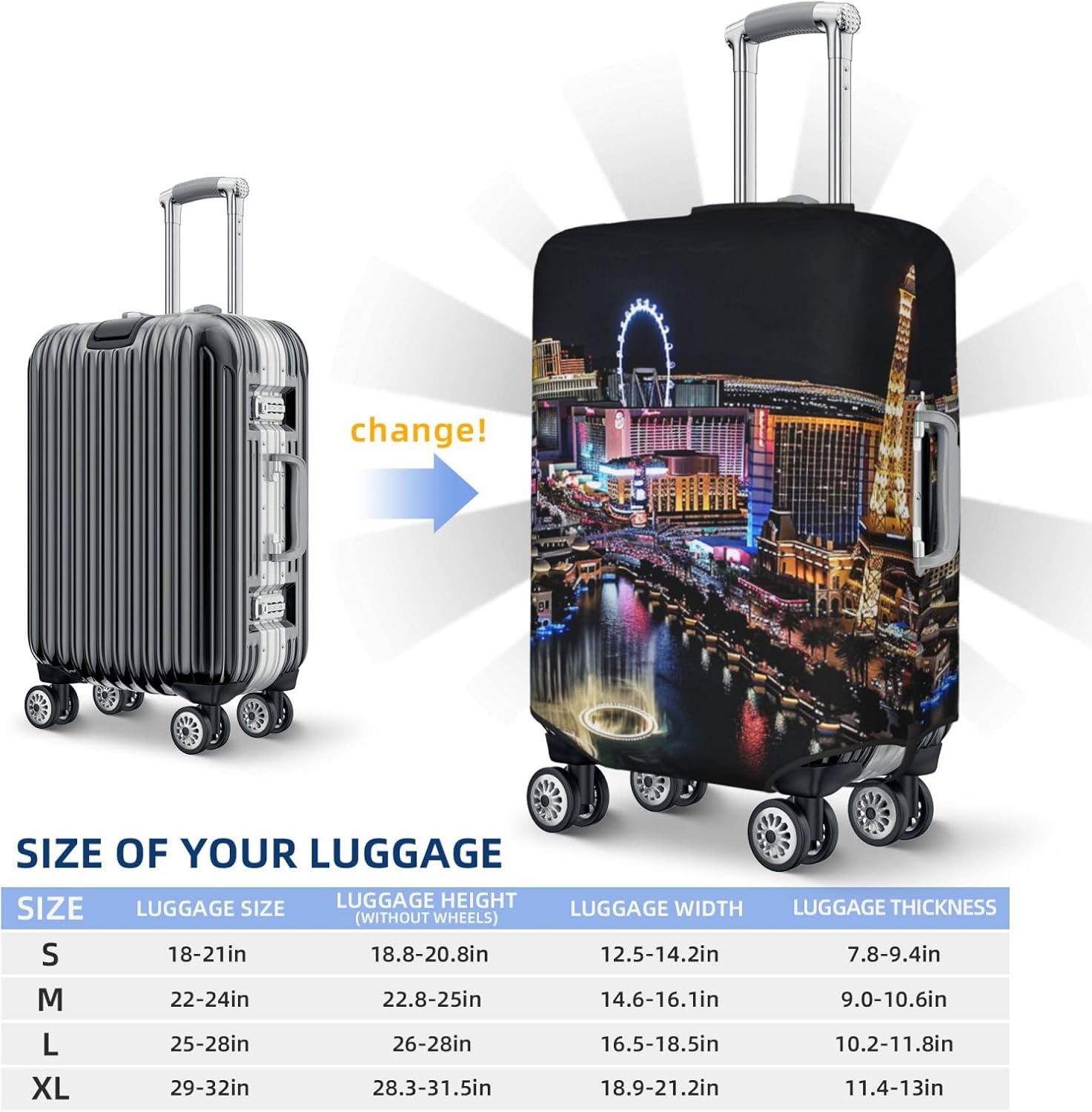 Las Vegas Night View Prints Elastic Luggage Cover with Invisible Zippers - Universal Suitcase Protector for Travel, Business Trips,, Black, S(18-21inch suitcase), Suitcase