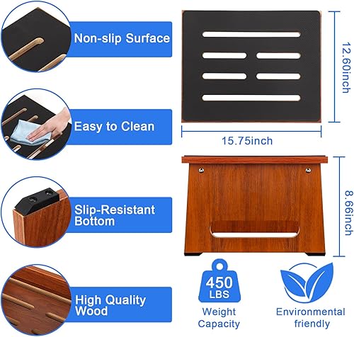 Miniatura 13 de Taburete de un solo paso para adultos mayores con superficie de goma antideslizante, taburete de madera resistente con escalones de cama de Marrón