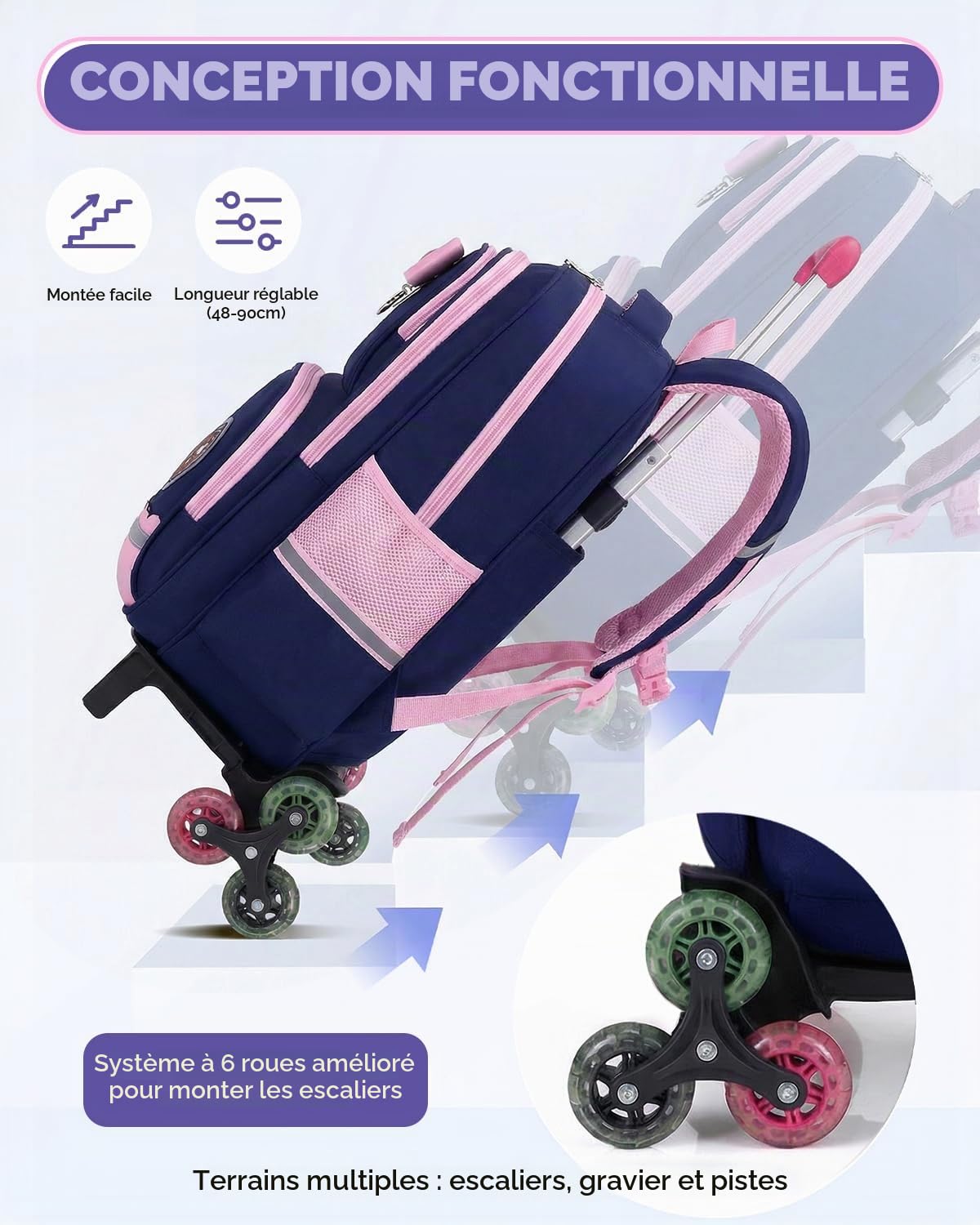 Amythe Cartable à Roulettes Fille Primaire, Bandes Réfléchissantes, Bleu
