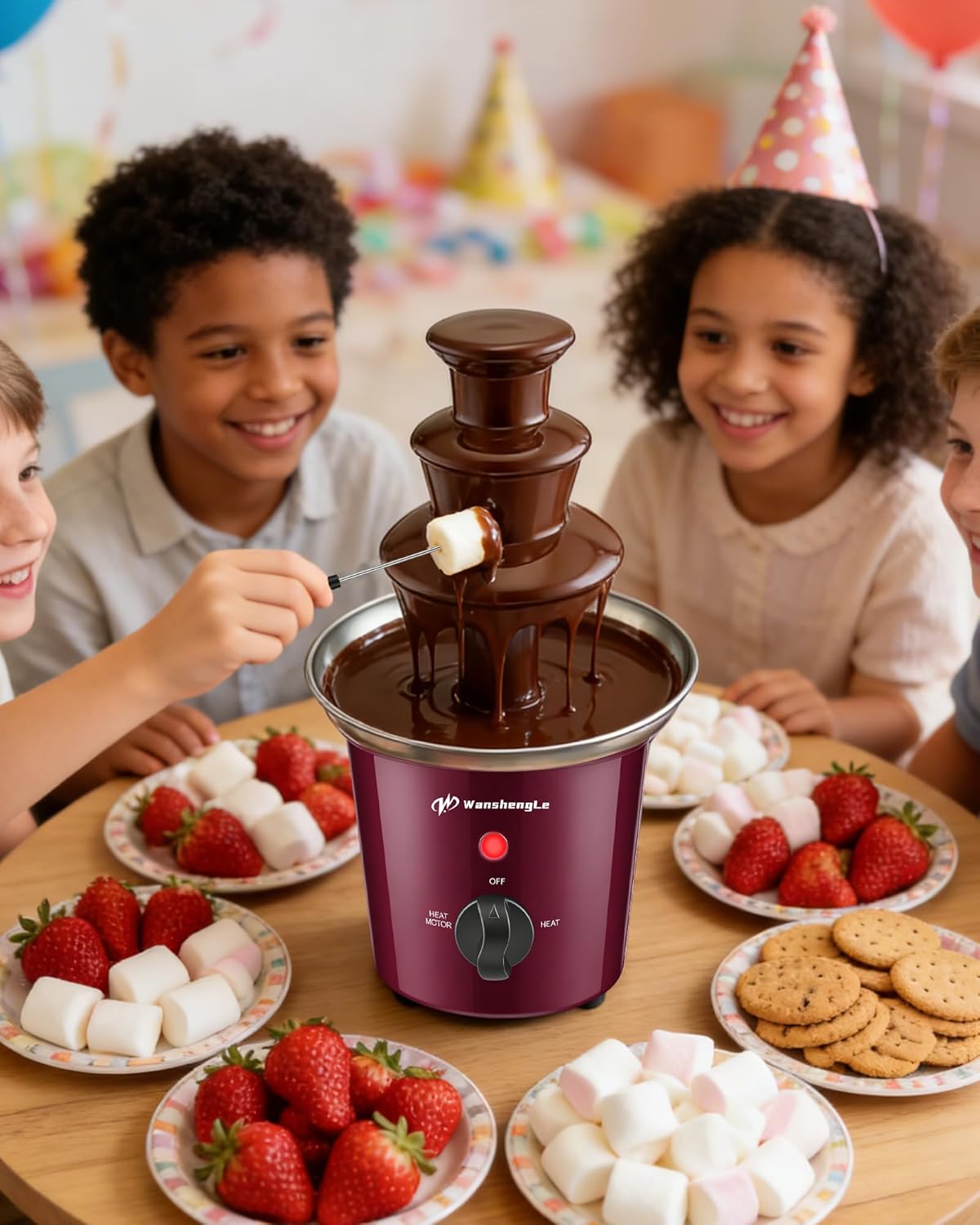 WanshengLe 3-Tier Chocolate Fountain, 18oz Stainless Steel Chocolate Fondue Machine, Detachable Chocolate Fondue Fountain for Party Night, Dip Strawberries - Burgundy