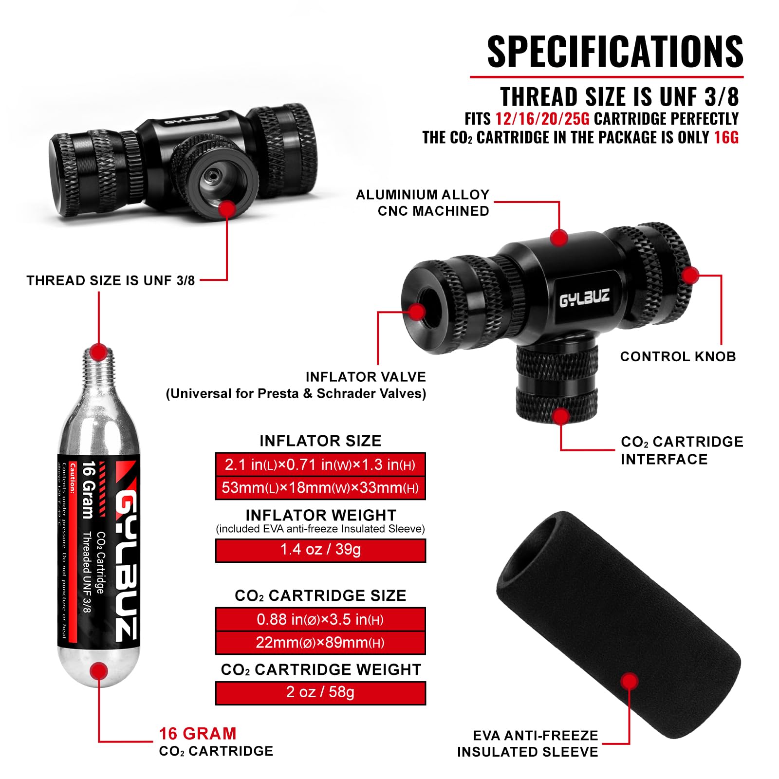 Gonfiatore di CO2 con 6 cartucce di CO2 da 16 g, compatibile con valvole Presta e Schrader, pompa portatile per pneumatici da bici con manicotto isolato, per bici da strada e mountain bike