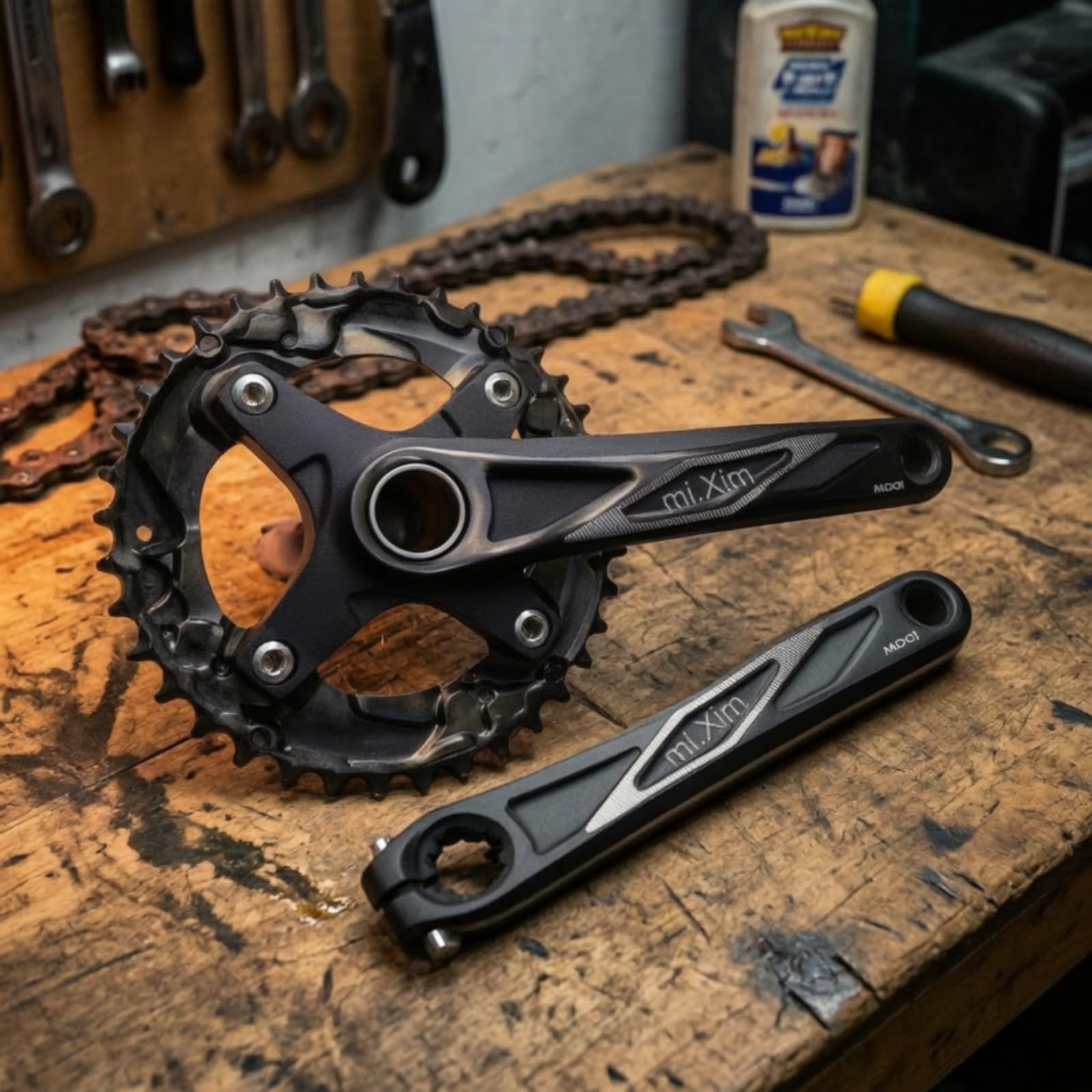 Harilla Crankset Guarnitura Singola Pedivelle Corona Trasmissione Struttura in Alluminio E Acciaio con Disegno Alleggerito Compatibile Asse 24 Mm Braccio 170 Mm Adatta per Mountain Bike Pendolarismo