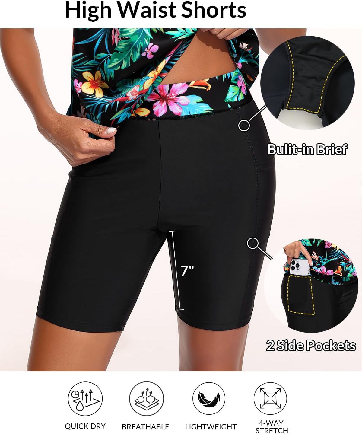 Talisea Womens Tankini with Shorts - Two Piece Swimsuit with 2 Pockets 7" Long Boy-Leg Shorts Blouson Athletic Bathing Suit