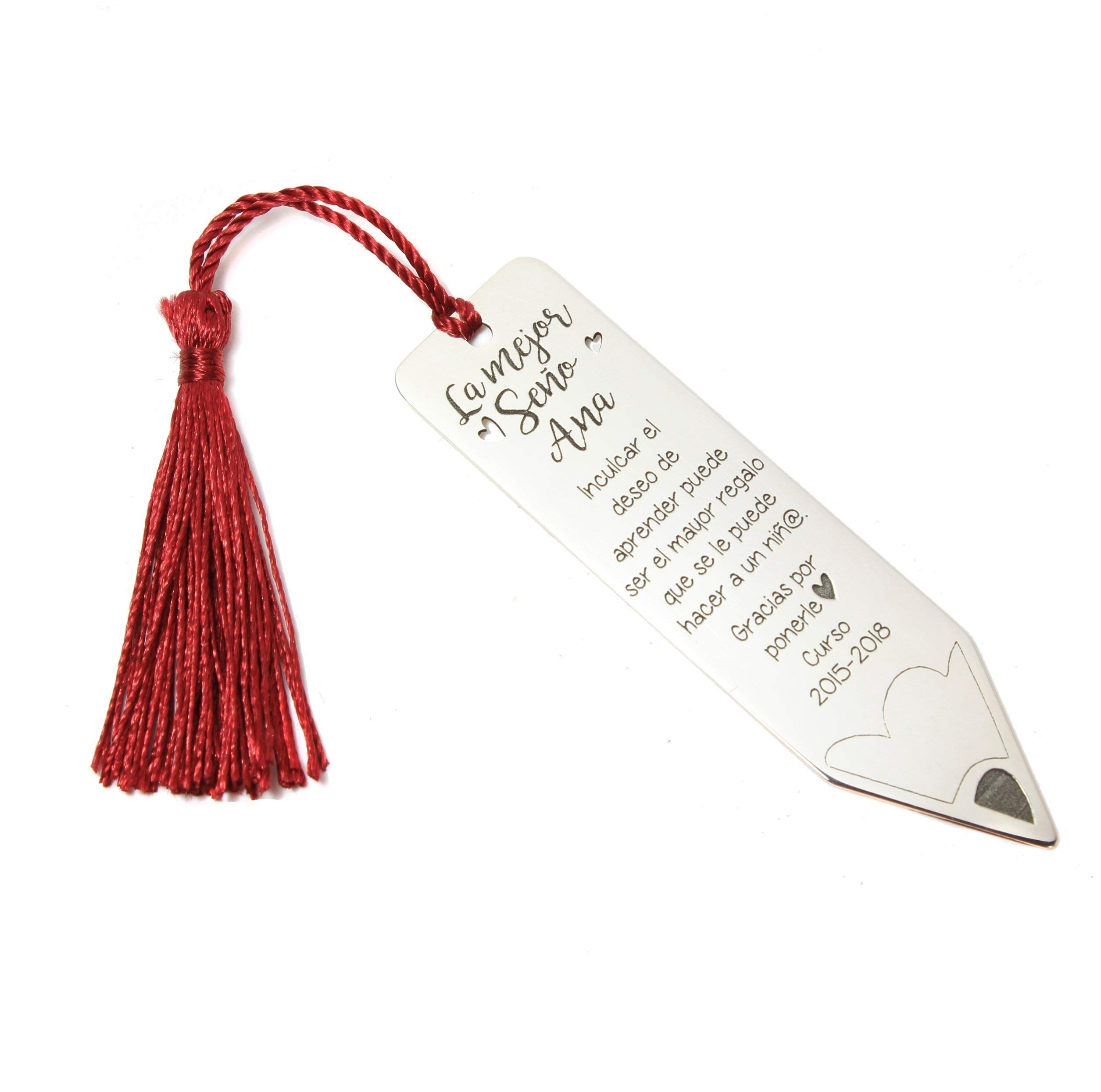 Rincón del Artesano Malaga-Marcapáginas Regalo Profesor Personalizado con Nombres. Fabricado es Plata 925/1000. Regalo Fin de Curso-Punto de Libro Personalizado-Marcador de Libro. Modelo Lapiz