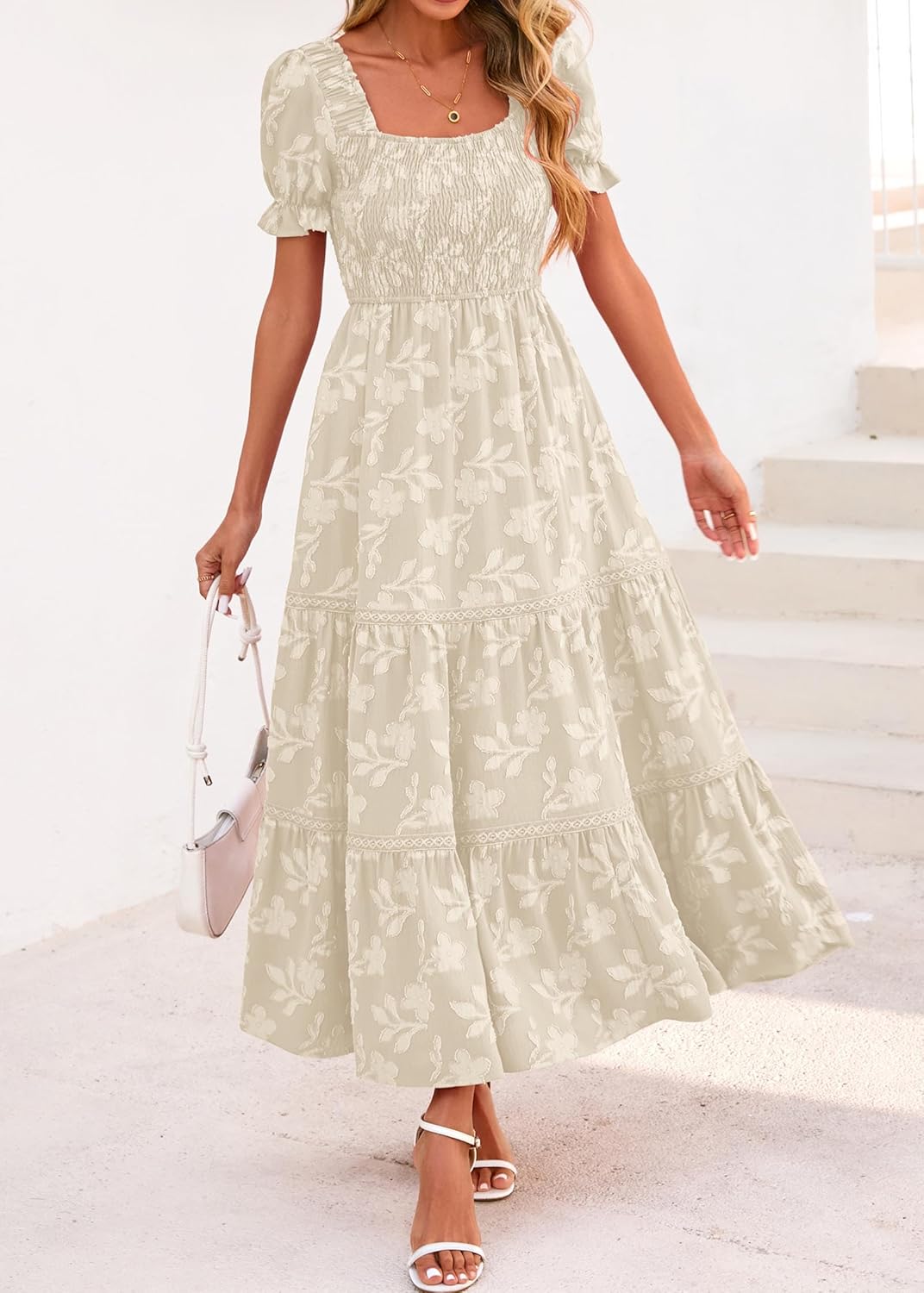 Lazysmile Women's Summer Boho Floral Maxi Dress Short Sleeve Square Neck Smocked Ruffle Elegant Wedding Guest Dress - Image 4