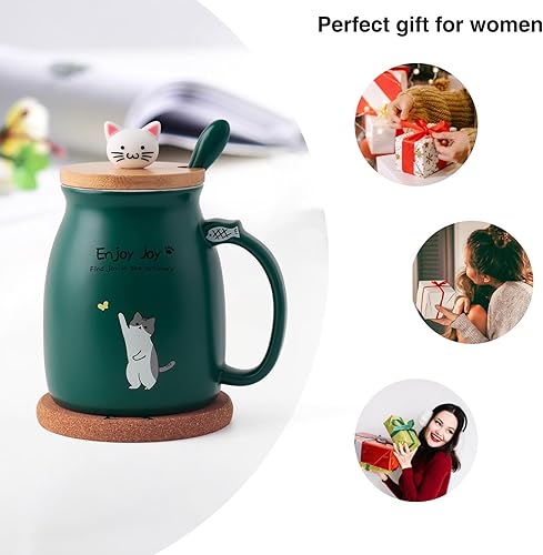 Miniatura 7 de Taza de café de cerámica con tapa de madera de gato Kawaii, encantadora cuchara de acero inoxidable, posavasos de madera gruesa de anime, taza