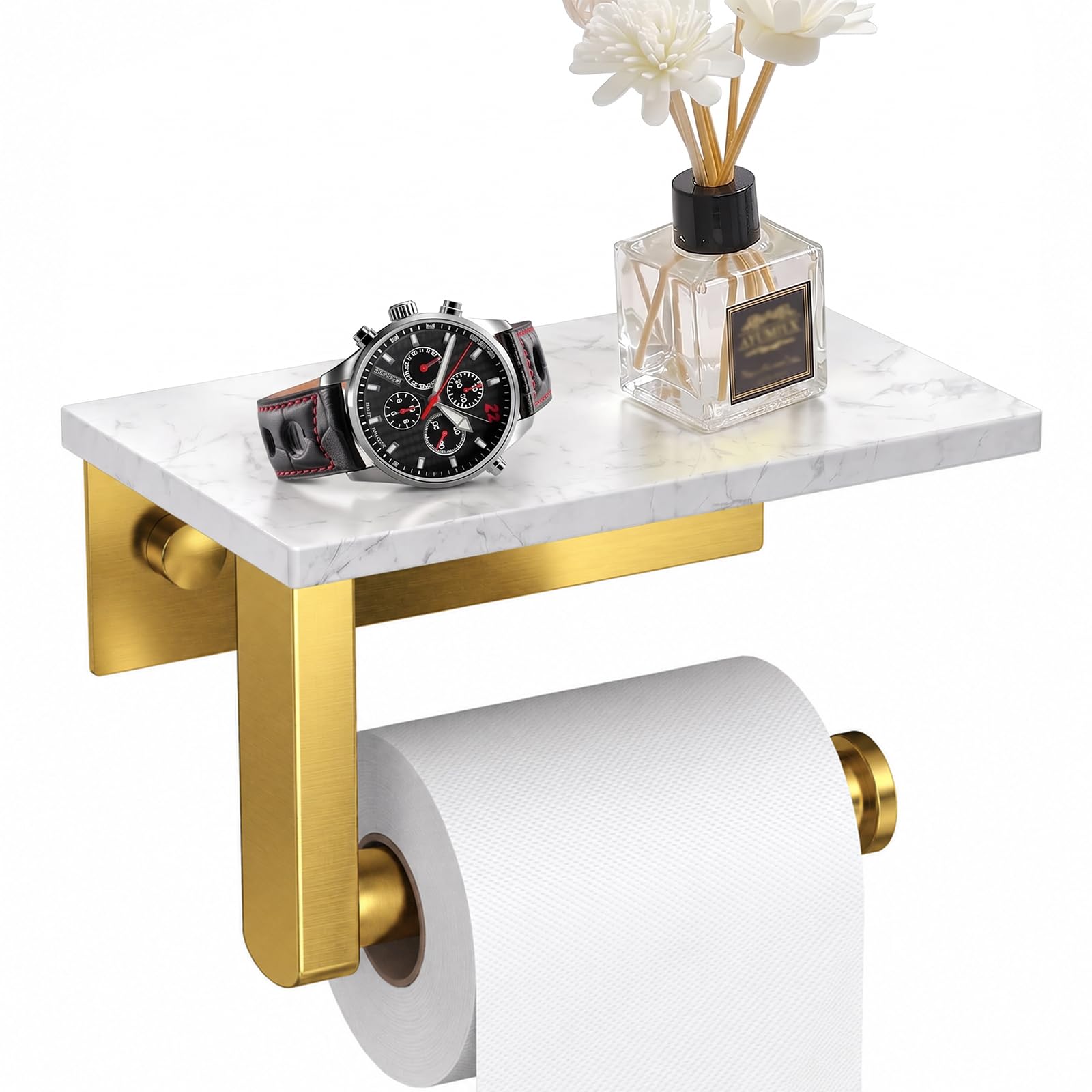 BWE Brushed Gold Toilet Paper Holder with Marble Shelf Wall Mounted — Amazon image 11