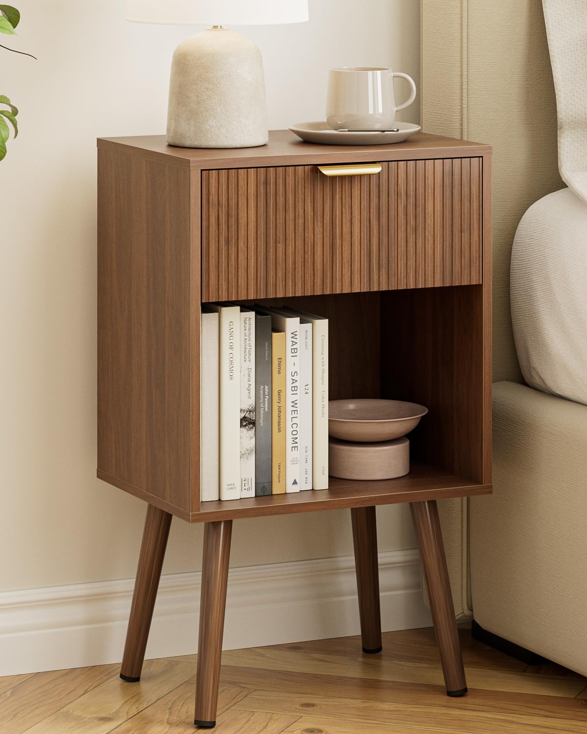 Apetaccat Bedside Table, Nightstand with Drawer and Large Shelf, Walnut