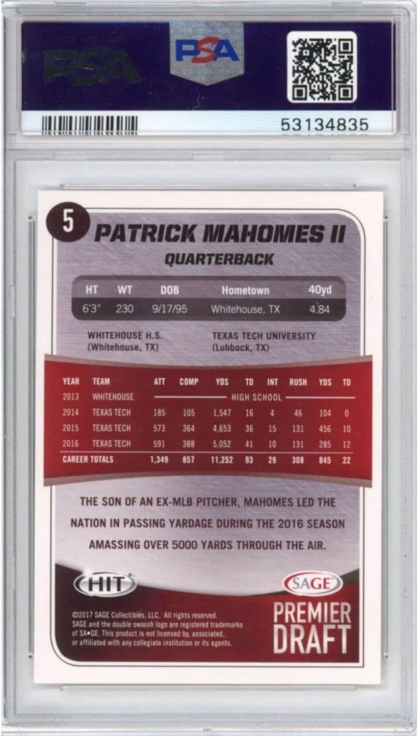 Graded 2017 Sage SA-GE Hit Premier Draft Patrick Mahomes II #5 Rookie RC Football Card PSA 10 Gem Mint