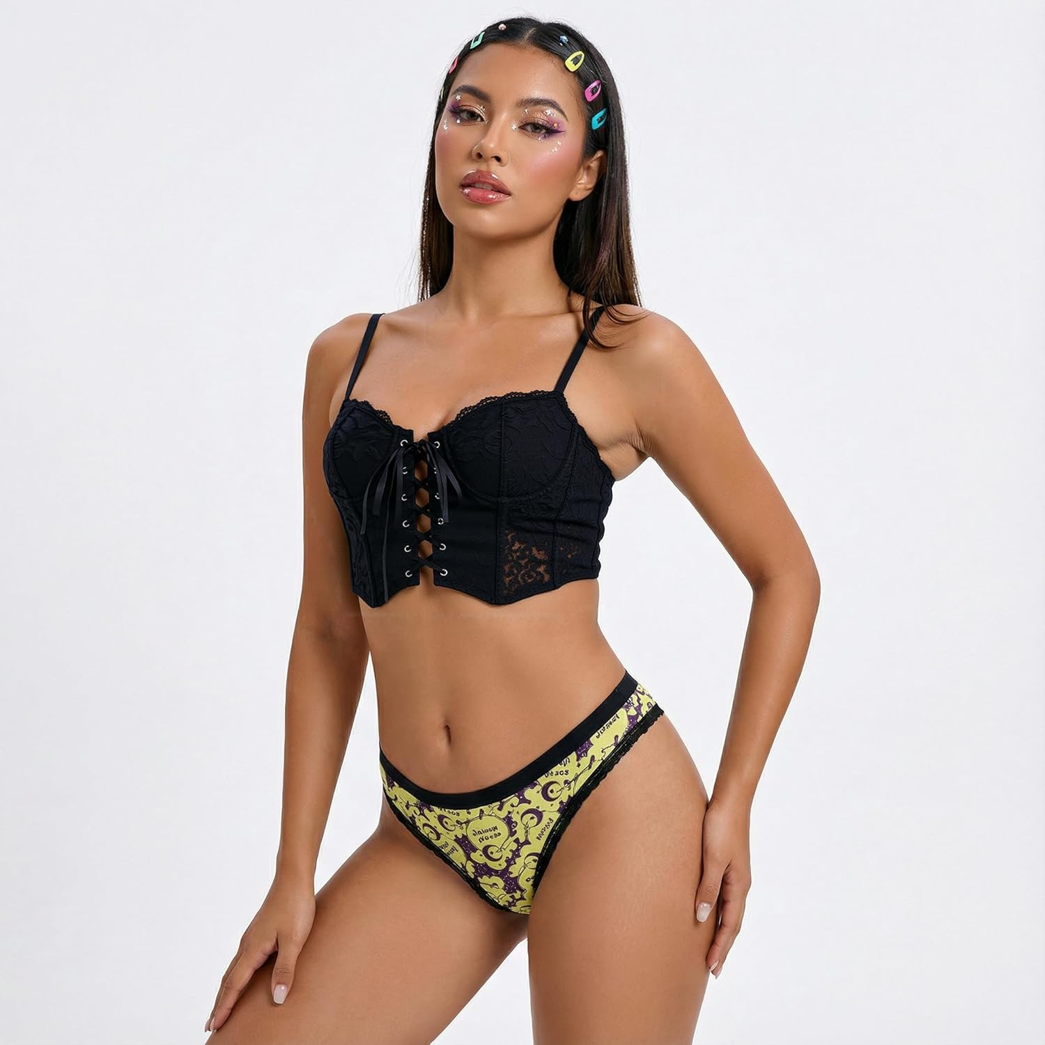 SYVIN Women's 12-Pack Allover Spooky Print Thong Underwear, Contrast Lace Trims Sexy Stylish Multiple Styles Assorted