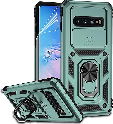 Funda para Samsung Galaxy S10 con cubierta para lente de cámara, protector de pantalla HD, doble capa de grado militar a prueba de caídas, soporte