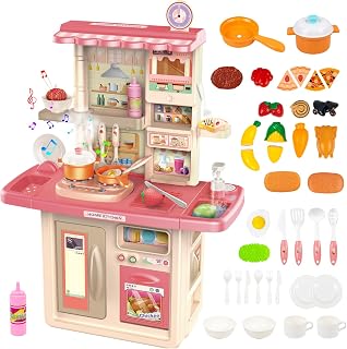 RedCrab Play Kitchen for Kids, 86cm Toy Kitchen with Simulation of Spray, Realistic Lights & Sounds, Pretend Role Play Toys with Play Food Cutlery Accessories, Kitchen Playset Gift for Toddlers (Pink)