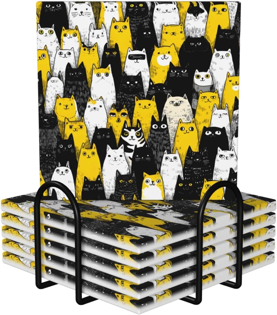 (Many Cats) Ceramic Coasters Set of 6 with Holder Non-Slip Square Coffee Coasters for for Cup Mug Drink Patio Coffee Table Decor, Christmas Coasters Home Bar Supplies