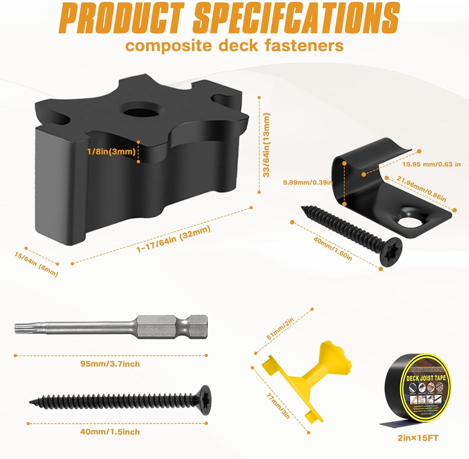 Deckit 600 PCS Hidden Deck Fasteners for Composite Decking - Universal Nylon Clips (Pre-Loaded Screws), 30 Starter Clips, 15ft Joist Tape, Drive Guide & Bit, Fits Wood Frames (300 SQ.FT.)