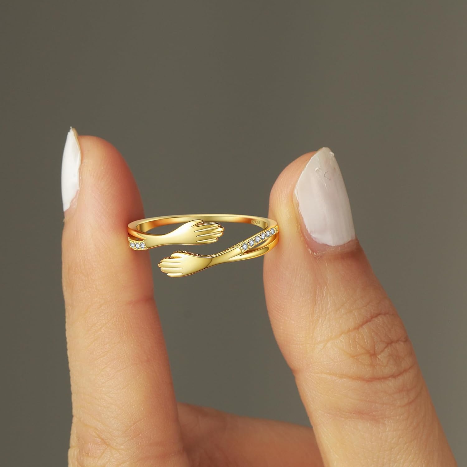 LOVECOM 925 Sterling Silver Hug Rings with Cubic Zirconia for Women Mother Daughter 14k Gold Plated Adjustable Hug from Heaven Hand Ring Trendy Stuff Friendship Ring Jewelry Gifts for Mom - Image 3