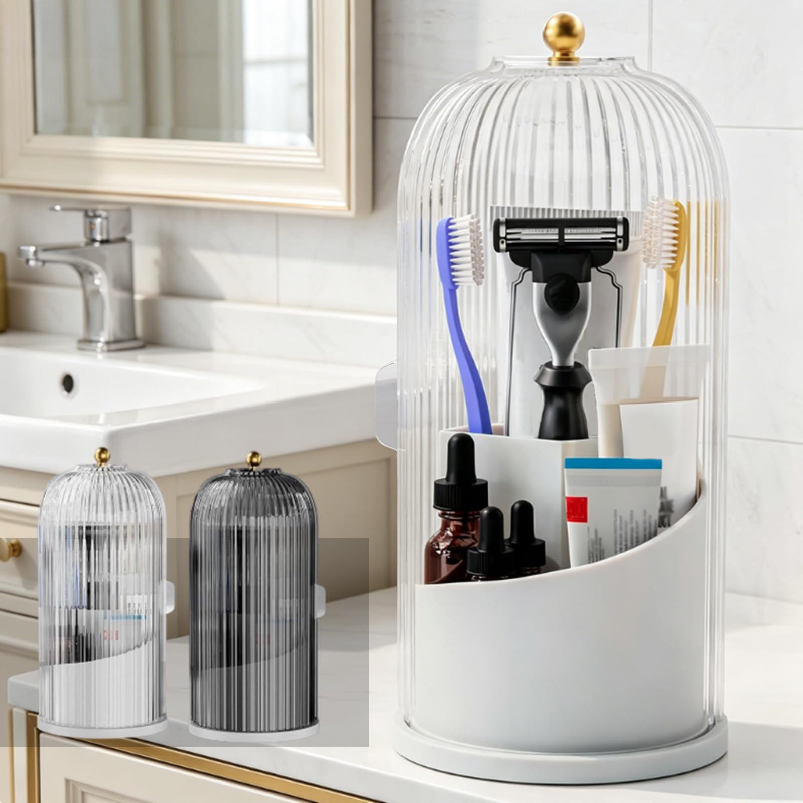 Xnqelerate 3 Pcs Makeup Brush Holder With Sliding Lid, 360 Rotating Toothbrush Holder, Vanity Organiser, Dressing Table Organiser For Bathroom, Vanity Table, Bedroom