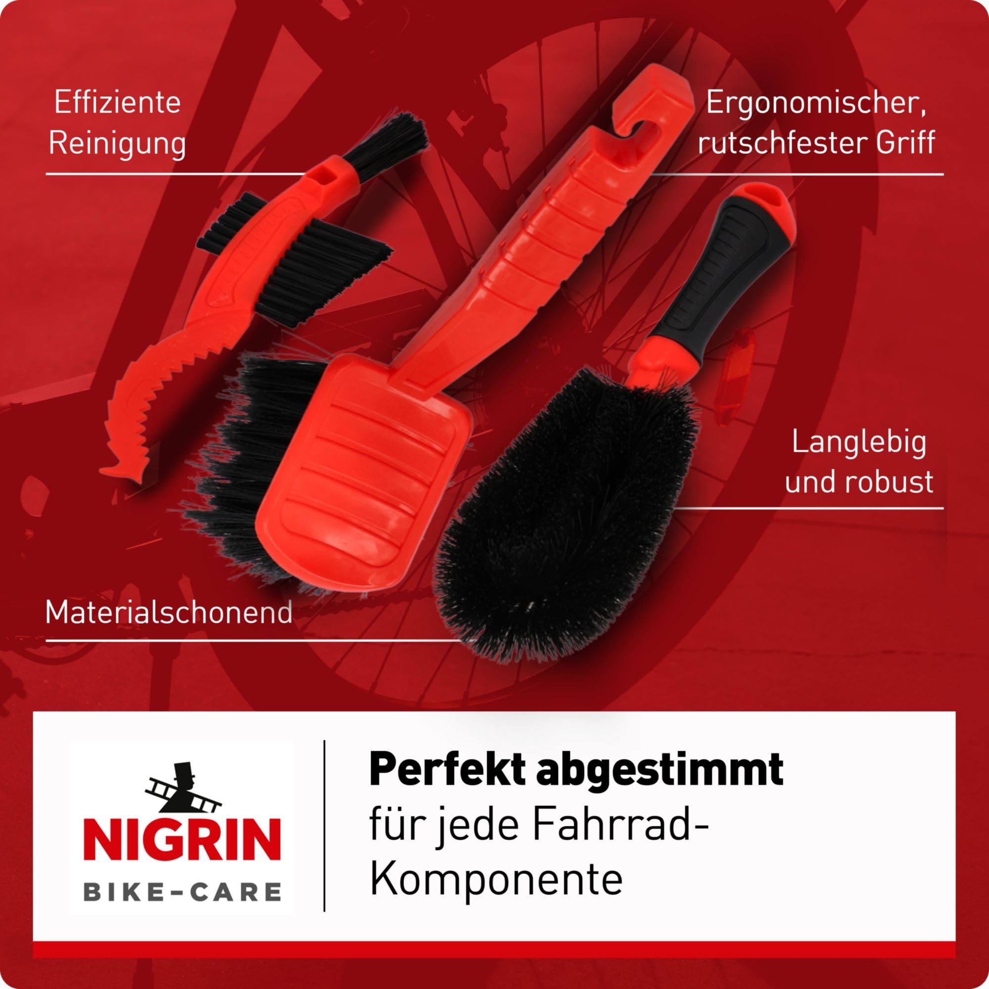 NIGRIN Bike Care zestaw szczotek do czyszczenia rowerów, duża szczotka do czyszczenia powierzchni, szczotka do felg, szprych, kół jezdnych i piast, szczotka do wieńców zębatych do zębatek