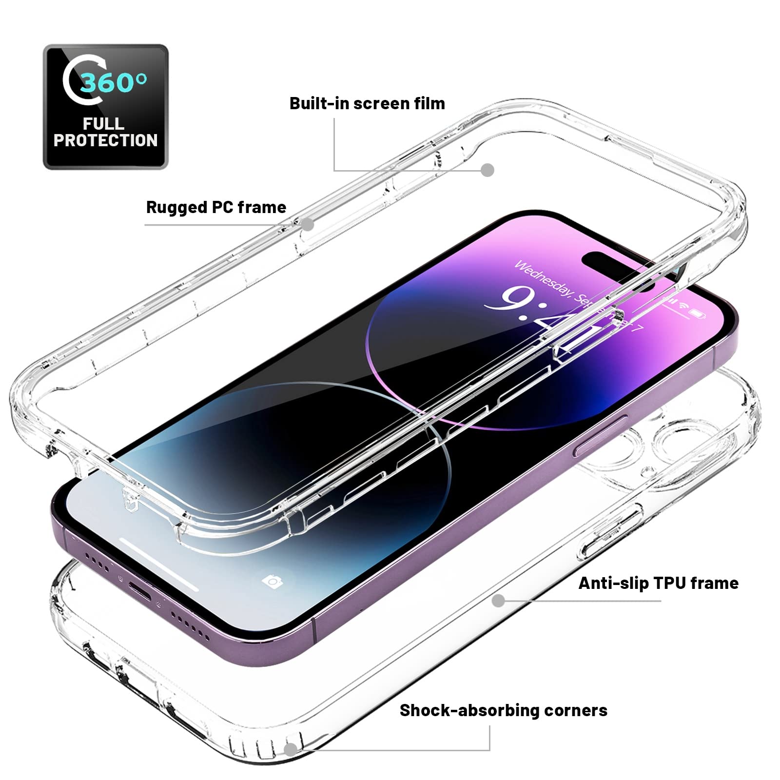 OUBELI Custodia per iPhone 17 Cover Antiurto a 360° con Protezione Schermo Integrata Rugged Doppia Silicone TPU Bumper Trasparente Full Case fronte retro - Trasparente