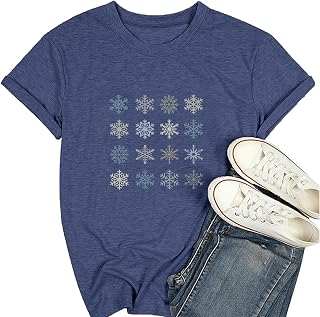 Christmas Shirts for Women Cute Snowflake Graphic T Shirt Casual Short Sleeve Holiday Outfit Tops