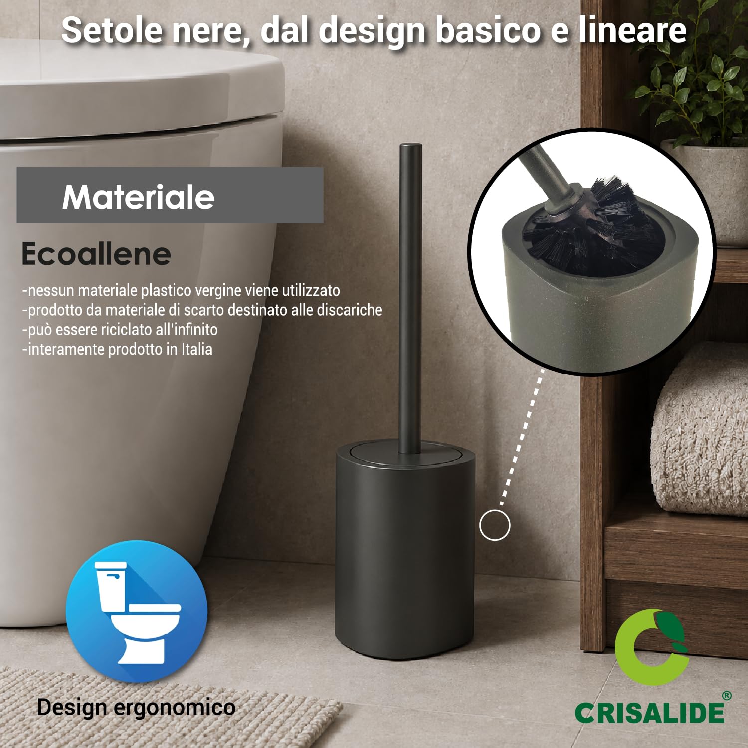 Crisalide® - Escobilla WC con escobilla triangular de Ecoallene, cerdas negras, recipiente antigoteo, cepillo oculto, diseño compacto para baño, color antracita