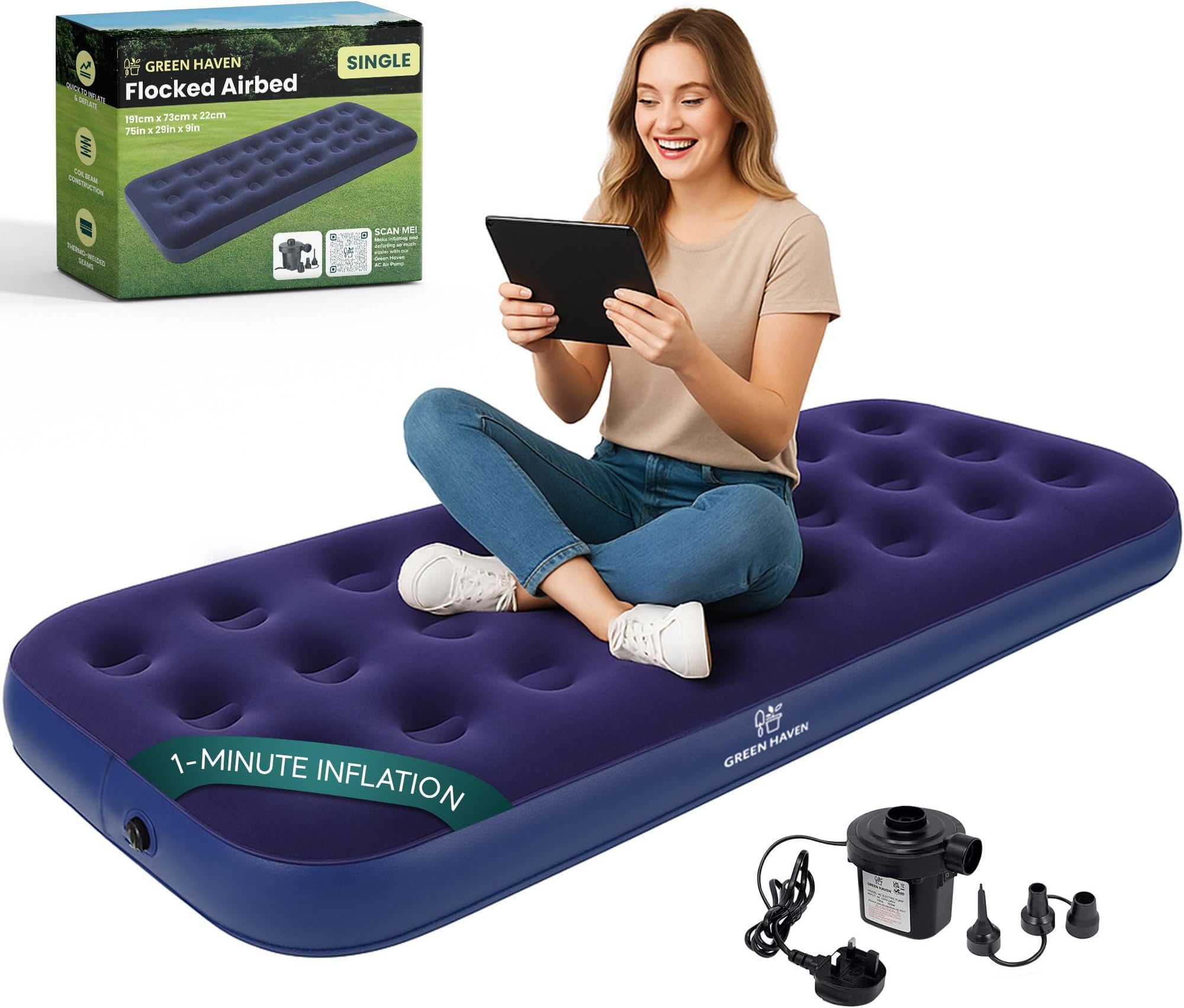 Green Haven Single Airbed with Electric AC Pump โ Quick Inflate Blow Up Mattress with Waterproof Flocked Top โ Ideal for Camping, Sleepovers & Guests โ Includes Mains Pump