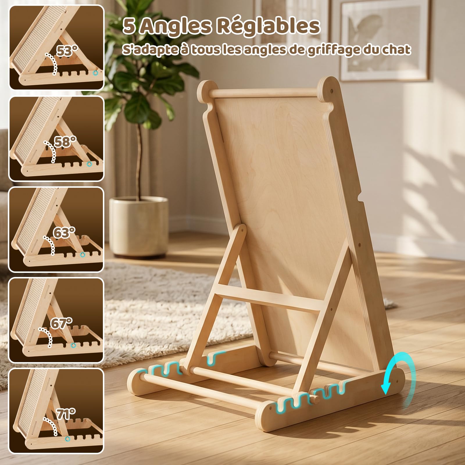 X XBEN Grattoir en Bois pour Chat, 60cm de Haut Griffoir Chat Pliable avec 5 Hauteurs Réglables, sans Montage, Forme de L Planche à Gratter en Sisal Naturel pour Préserve Canapé et Mur