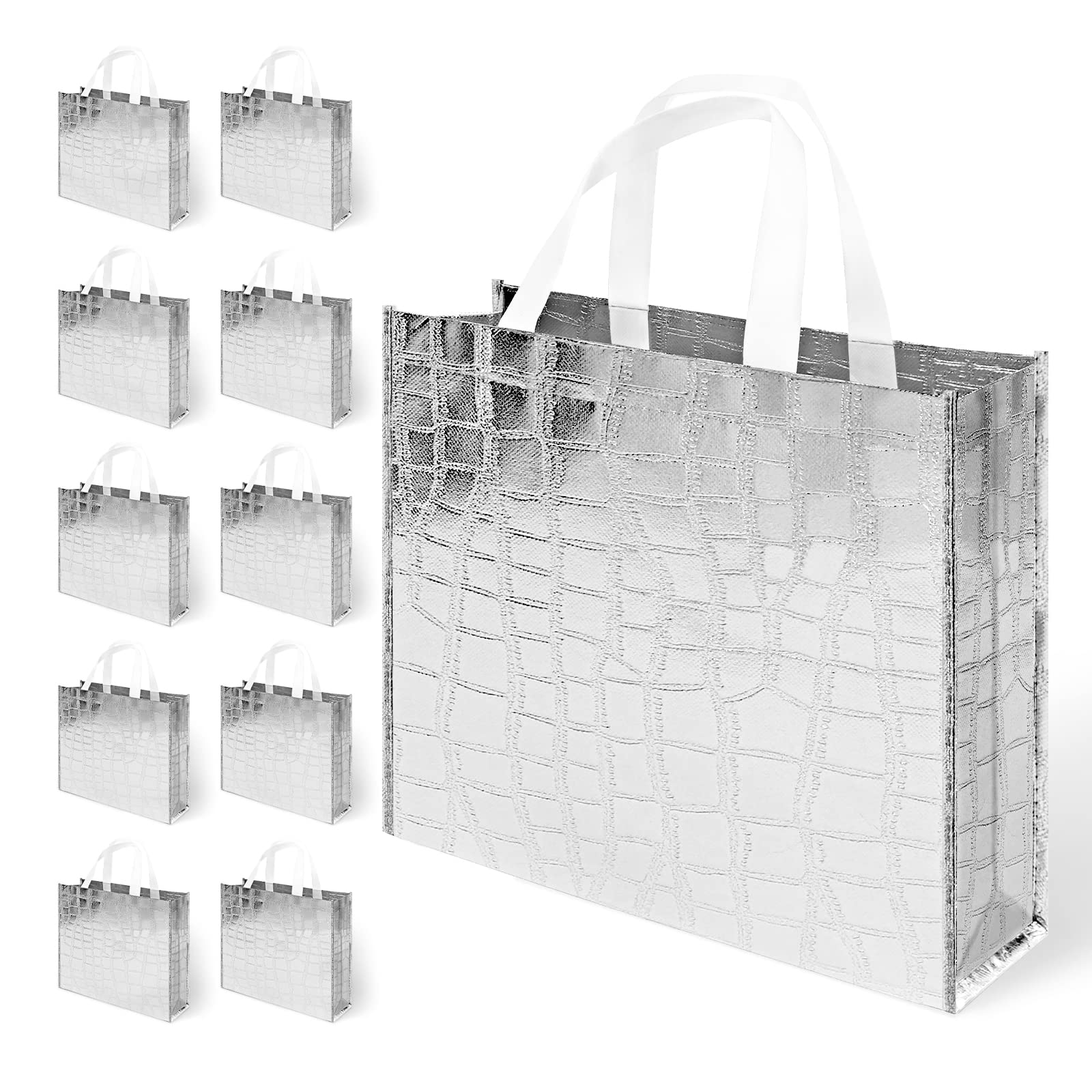 NOAH & EMMA 12PCS Reusable Glossy Silver Gift Bag, Non-woven Tote Grocery Bag with Handle, Foldable Party Favor Gift Bags