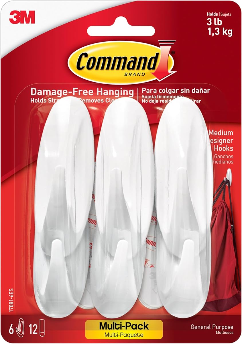 Medium Designer Hooks Multi-Pack, 6 Hooks, 12 Strips | Command Hooks For Hanging Accessories, Holds Strongly, No Tools Needed, Good For Closets, Cabinets, And Home Office