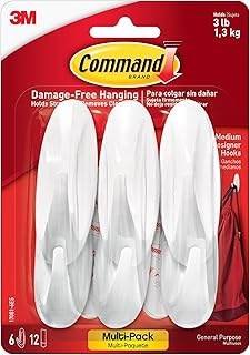 Medium Designer Hooks, 6 Hooks and 12 Strips, Damage-Free Hanging Wall Hooks with Adhesive Strips, Adhesive Hooks for Hanging Christmas Decorations, Holds up to 3 lb
