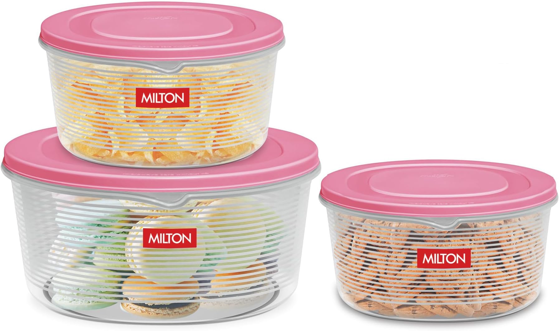 MILTON Store IT Round Plastic Food Storage Container with Air Tight Lids, Set of 3 (1 Ltr, 2 Ltr & 3 Ltr) Fridge Boxes, Multipurpose Leakproof Box for Vegetable Snacks Kitchen Bowl, Pink