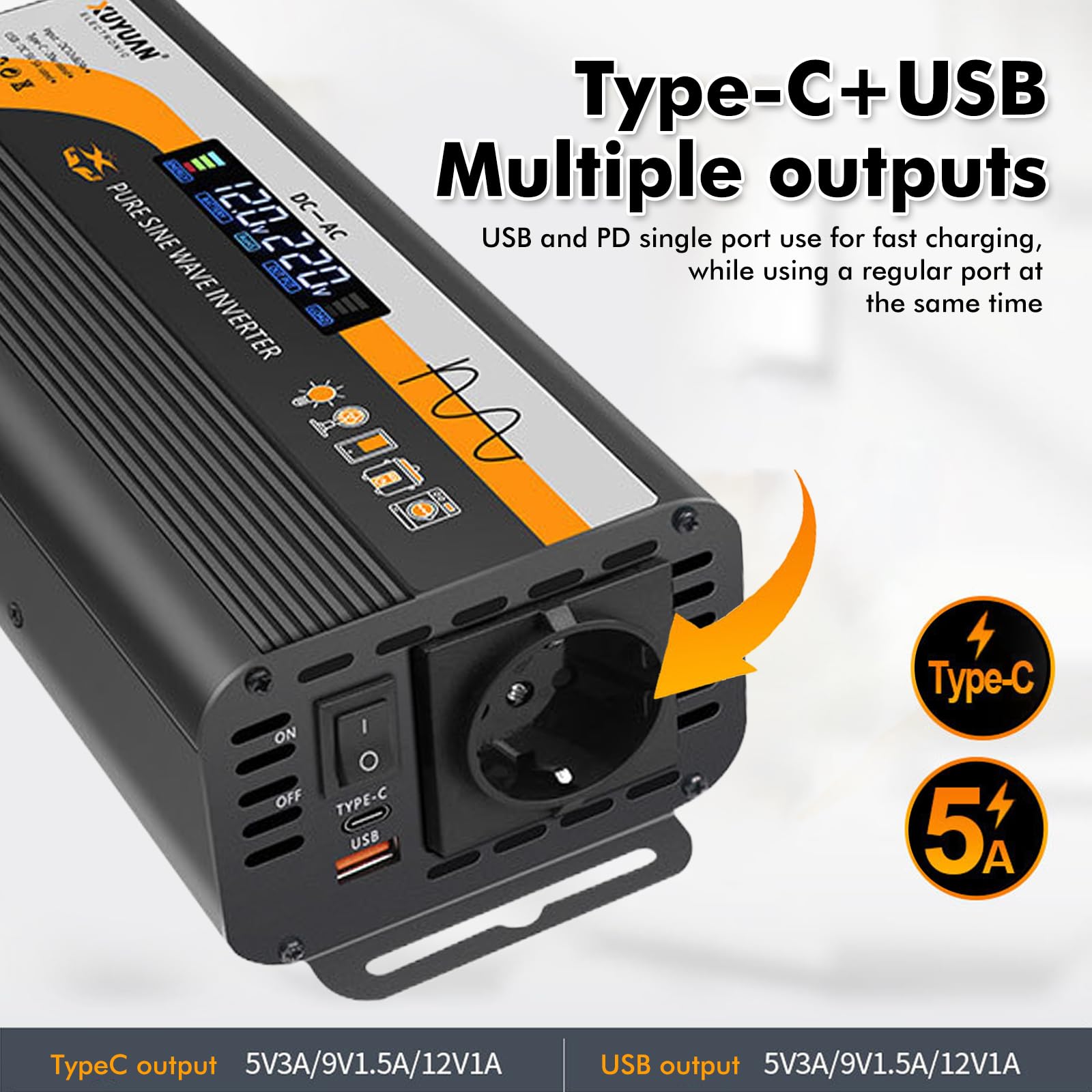 Convertitore di tensione 800W 12V/24V a 220V con presa europea e porta USB LCD