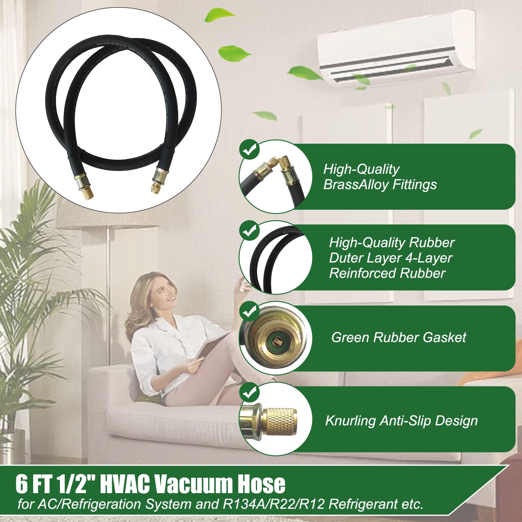 NHB1 Tuyau d'aspirateur CVC de 1,8 m de diamètre intérieur de 1,27 cm, raccords de 0,9 cm à 0,6 cm, tuyaux de réfrigérant à haut débit, tuyau de pompe à vide de 20 microns, évacuation et récupération