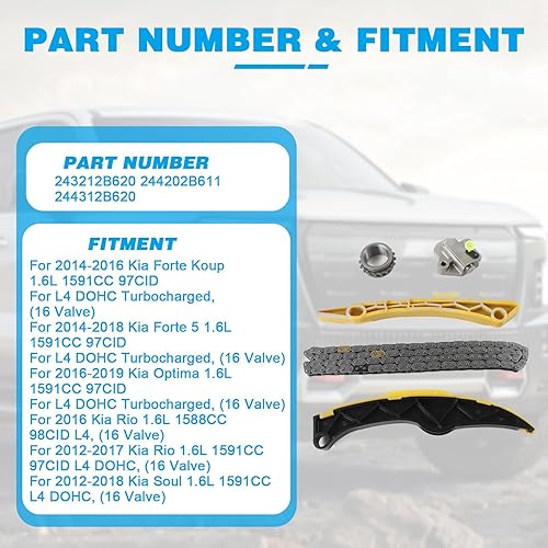 Miniatura 2 de Kit de cadena de distribución compatible con Kia Forte Koup 1.6L 2014-2016, Rio 1.6L 2012-2017, Soul 1.6L 2012-2018 Reemplazar 1.6L Turbo 16V