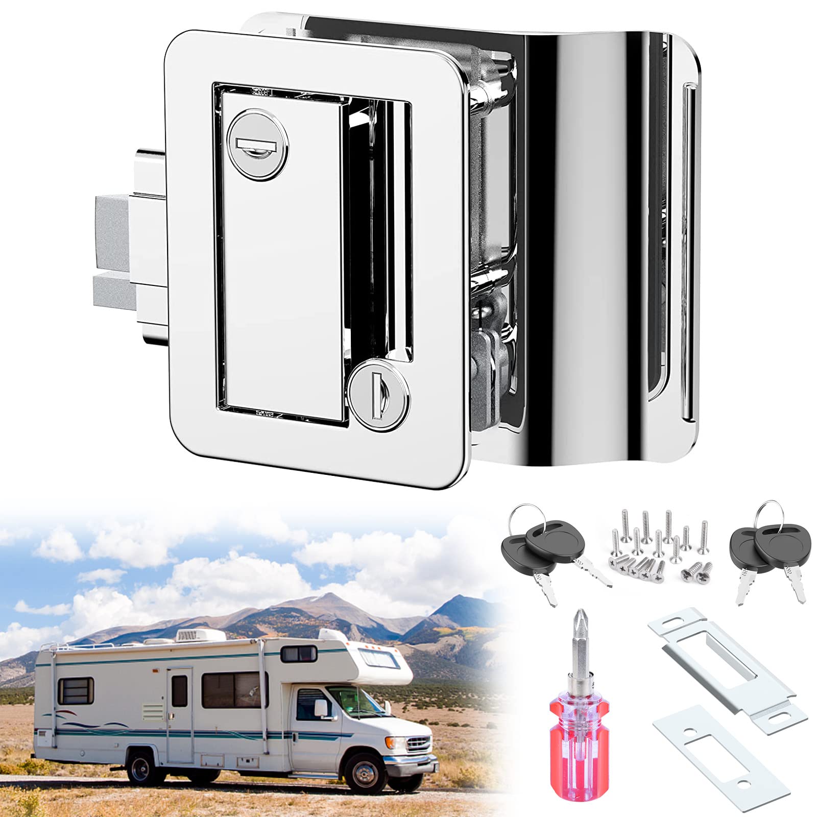 Upgraded Chrome RV Door Locks RL001 for Travel Trailers with Paddle Deadbolt, Camper Door Latch Lock Replacement Kit for Trailer Door Camper Horse Trailer Cargo Hauler