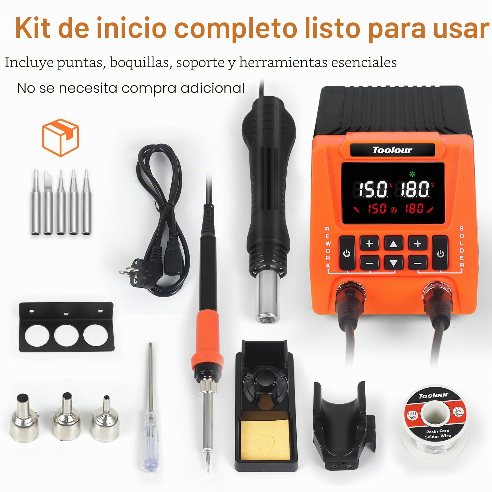 TOOLOUR Estación de soldadura 2 en 1 700W con pistola de aire caliente y soldador, pantalla LCD, control PID, temperatura ajustable 100–500°C, apagado automático, ideal para principiantes