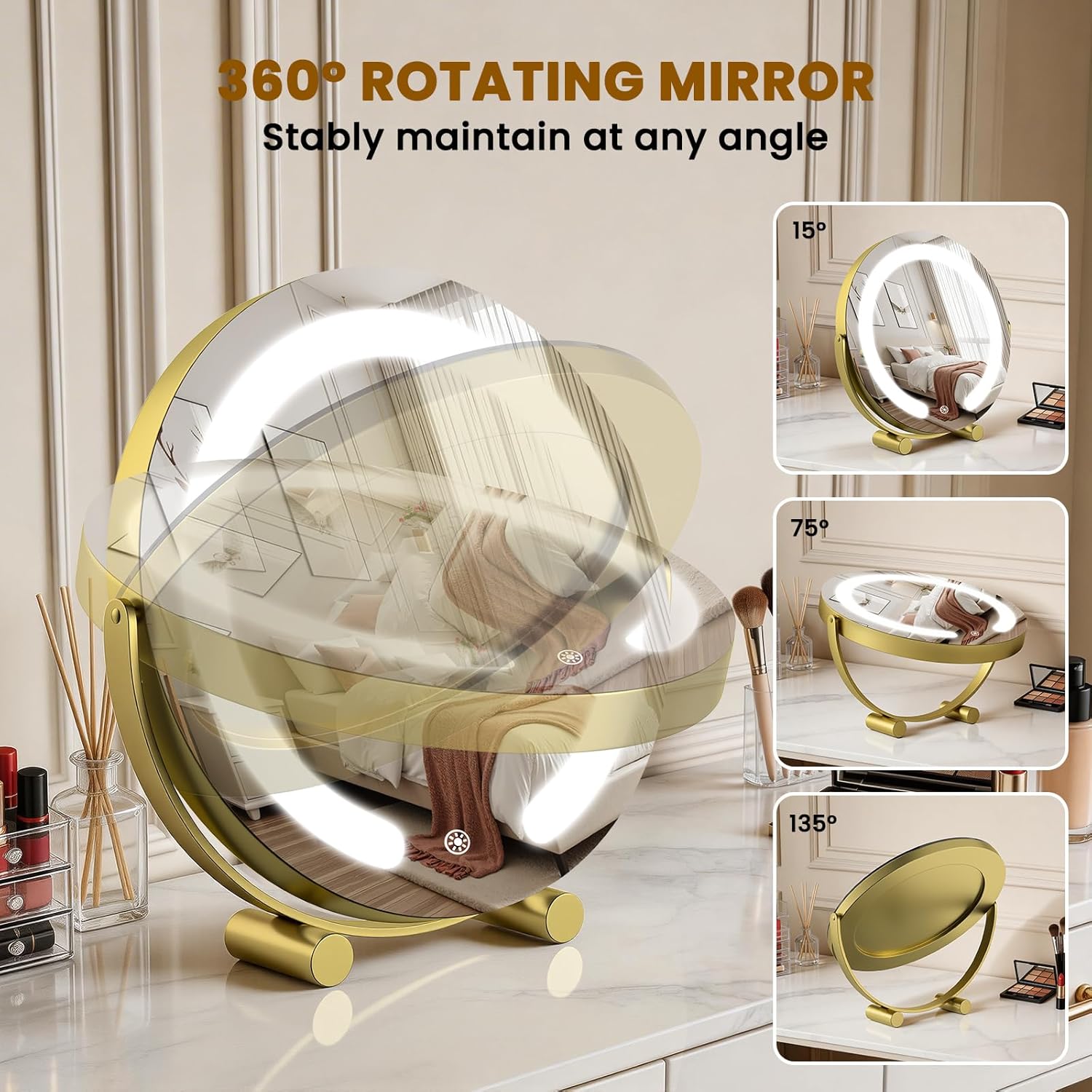 Vanity Mirror with Lights, 12" LED Makeup Mirror, HD Professional Mirror, Smart Touch with 3-Color Lighting, Dimmable, 360° Rotation, Lighted Up for Makeup Desk, Bedroom (Gold)
