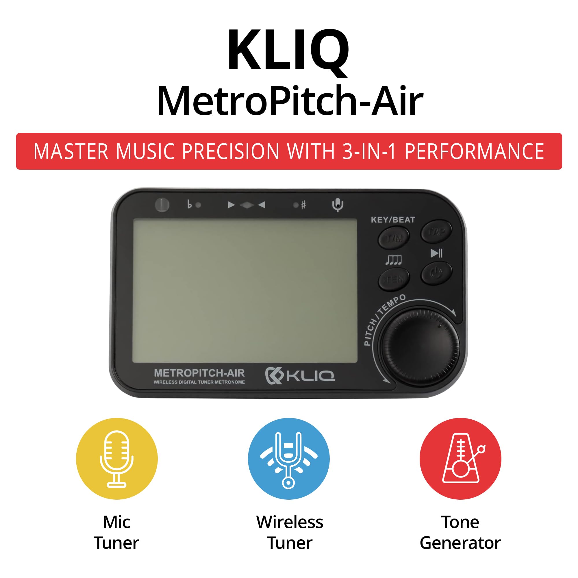KLIQ MetroPitch - Metronom Stimmgerät für alle Instrumente - mit Gitarre, Bass, Violine, Ukulele und chromatischen Stimmmodi (MetroPitch-Air, Schwarz)
