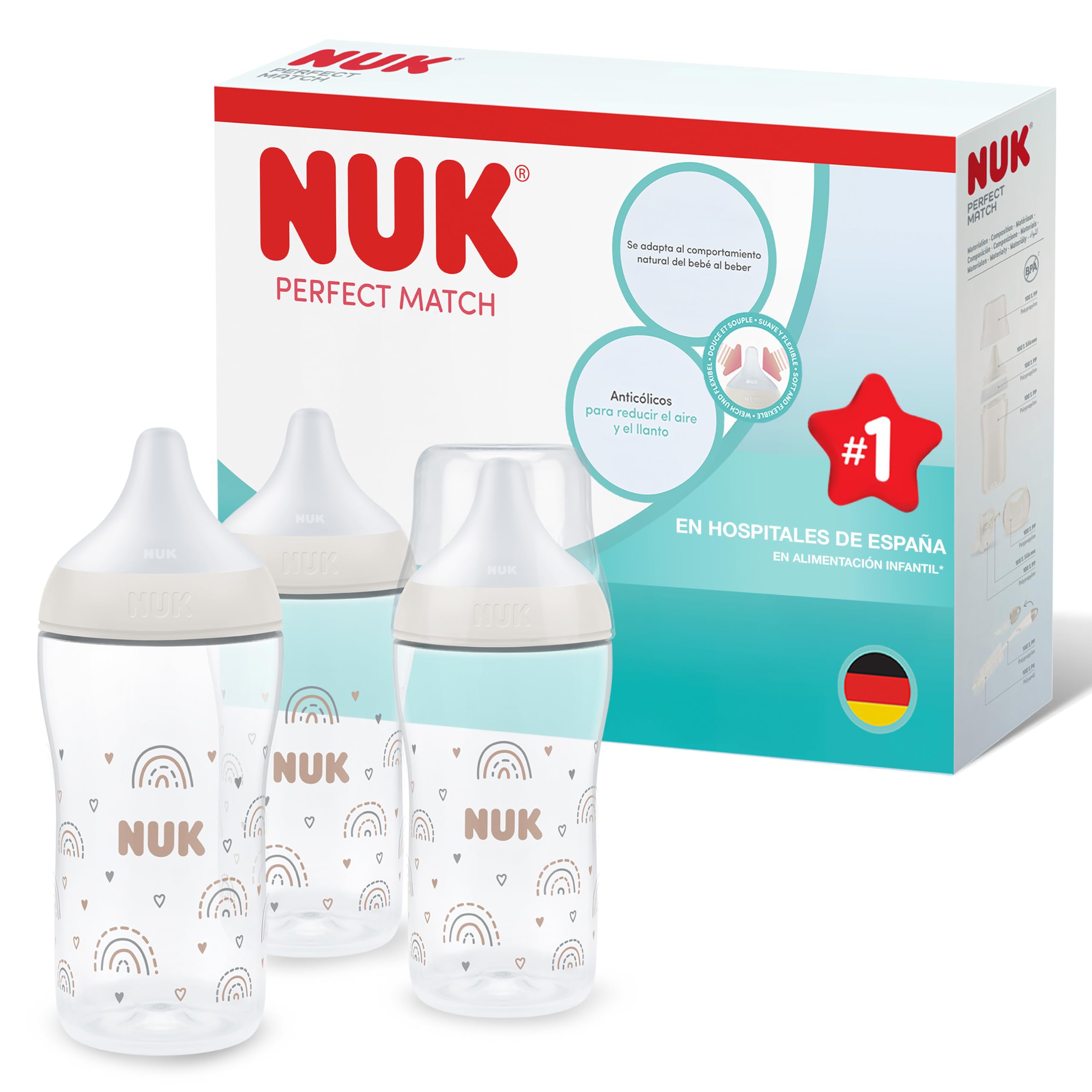 Set de 3 biberones Perfect Match de NUK | +3 meses | Se adapta al bebé como el pecho de mama | Control de temperatura | Ventilación anticólico | 260 ml | Tetina mediana (silicona) | Arcoíris