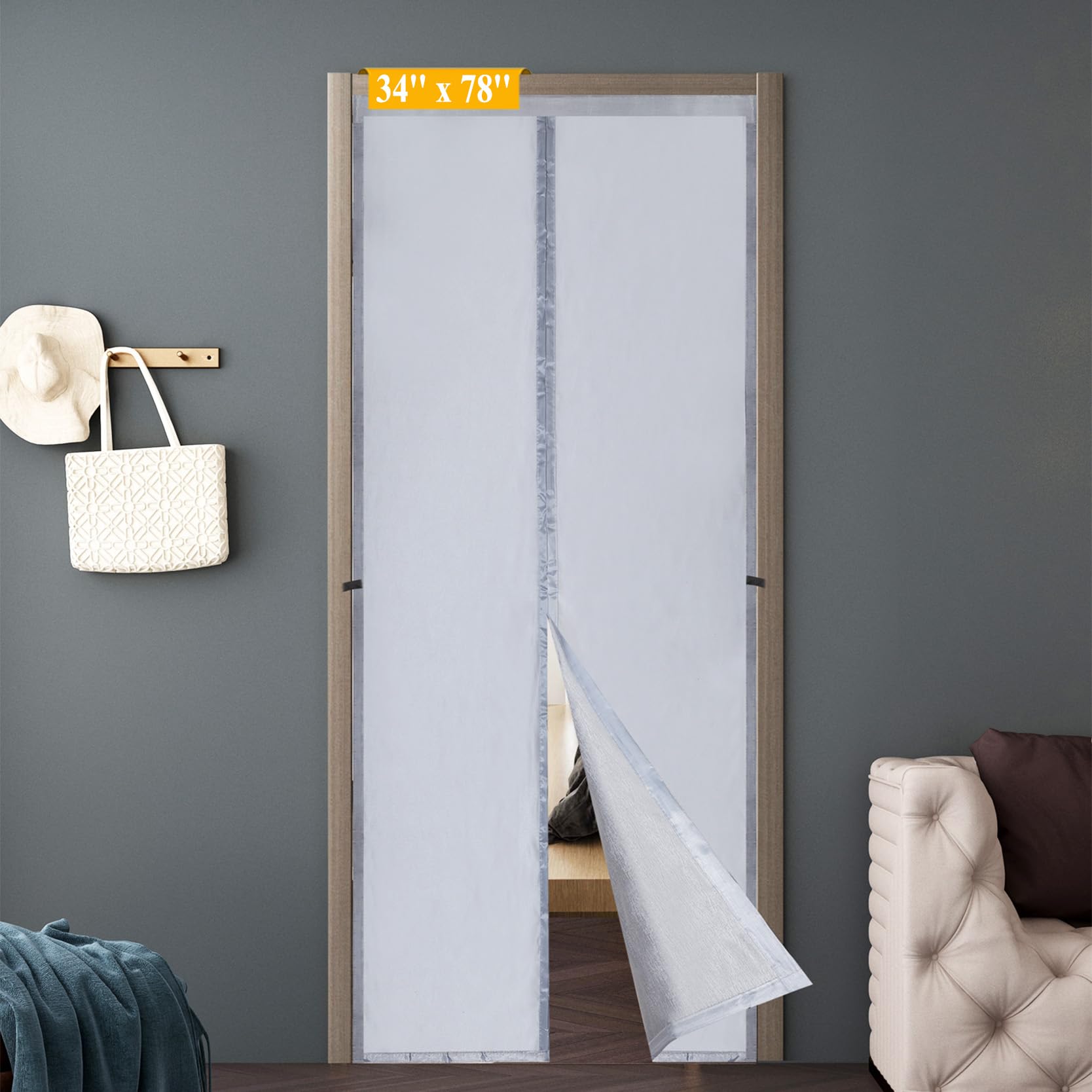 Magnetic Thermal Insulated Door Curtains, Premium Layered Fabric Folding Door Curtain for Doorways, Temporary Attic Door Insulation Cover, Grey Fabric Door Cover, Door Draft Stopper for Summer Winter
