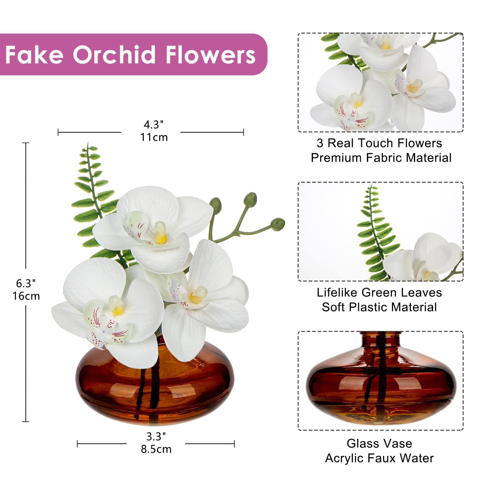 Briful Set of 3 Artificial Orchids in Amber Glass Vase - Image 2