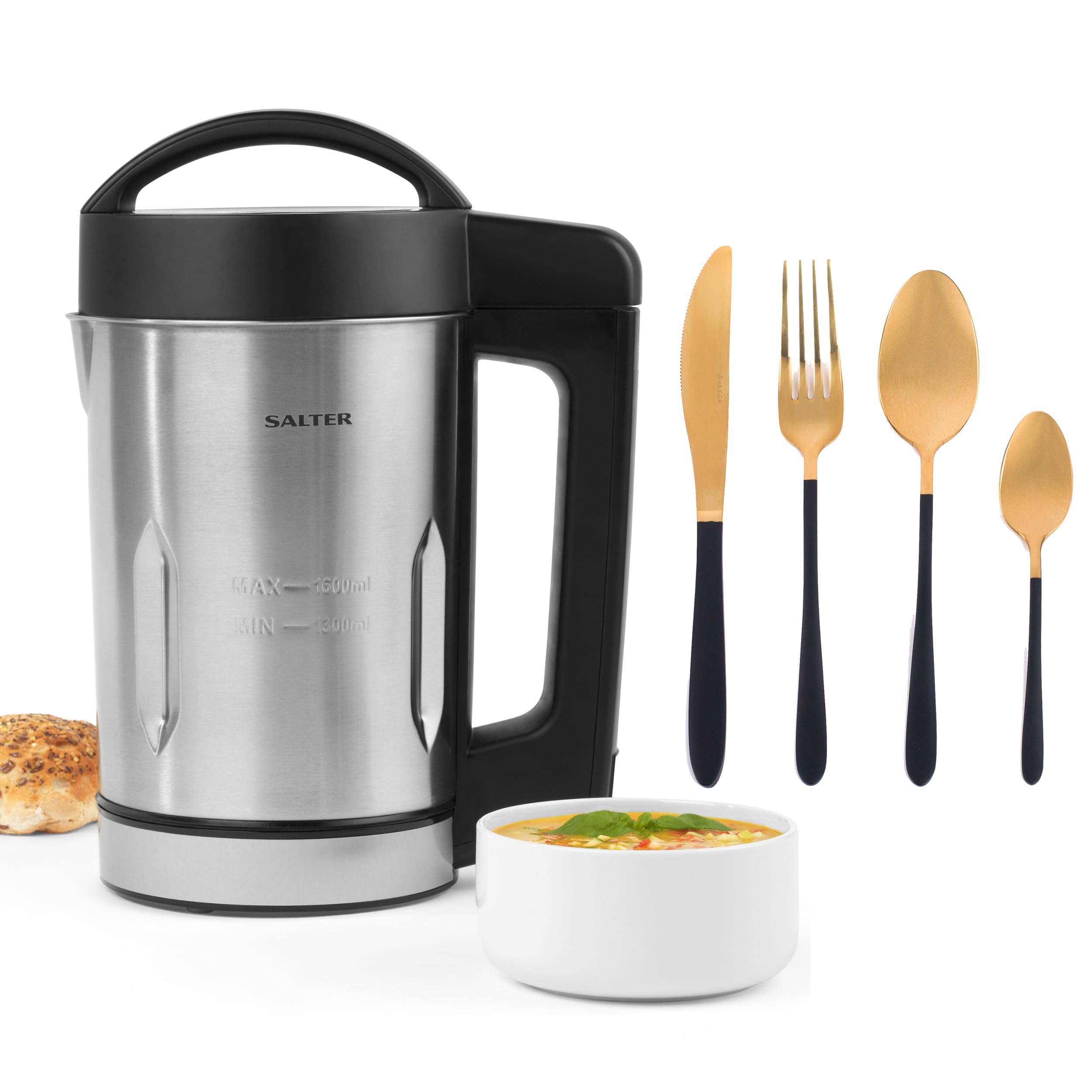 SalterCOMBO-8774 Soup Maker & 16 Piece Cutlery Set - 1.6L Digital Smoothie Blender, Stainless Steel Silverware, Flatware for 4, Chunky/Smooth Soup, Auto-Memory Function, Prevents Overspill, 900 W