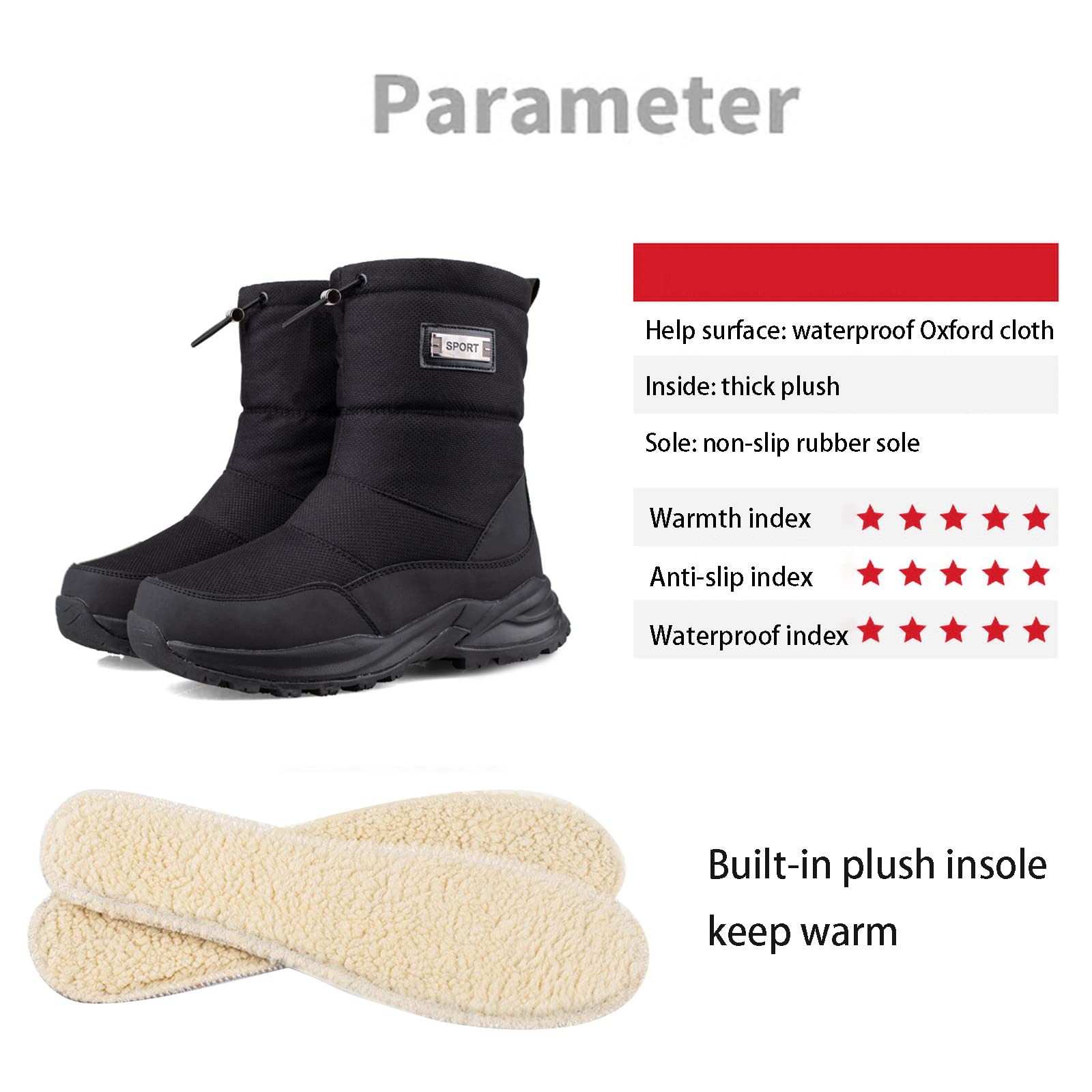 Bottes de Neige pour Hommes Chaussures d'hiver Hommes Femmes Bottes d'hiver imperméables Chaussons doublés Chauds Chaussures de randonnée Chaussures de Trekking antidérapantes Bottes